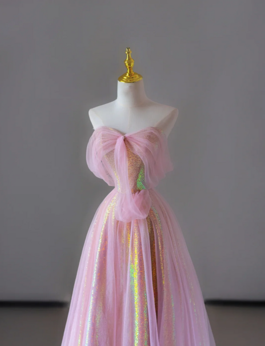 Wunderschönes A-Linie Herzausschnitt Ärmelloses Pailletten Rosa Langes Ballkleid Abschlussballkleid DP522
