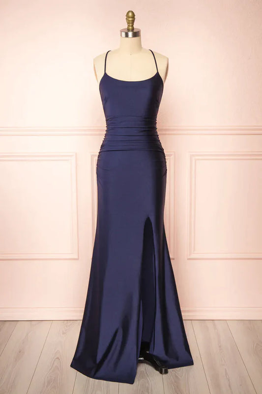 Einfaches Marineblaues Meerjungfrau-Abschlussballkleid, langes Satin-Abendkleid, Abschlusskleider DP523