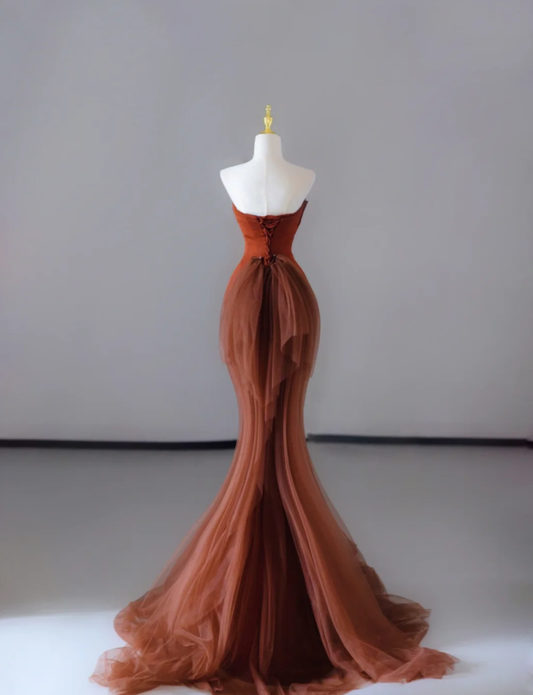 Wunderschöne Meerjungfrau trägerloses Satin ärmelloses langes Ballkleid Abschlusskleid DP524