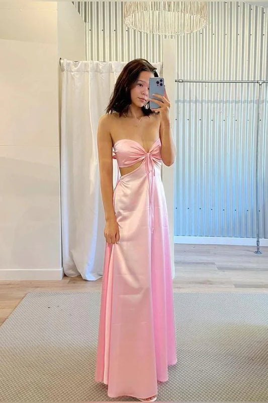 Einfaches trägerloses rosa A-Linien-Kleid mit Bindeband hinten und langem Abschlussballkleid DP526