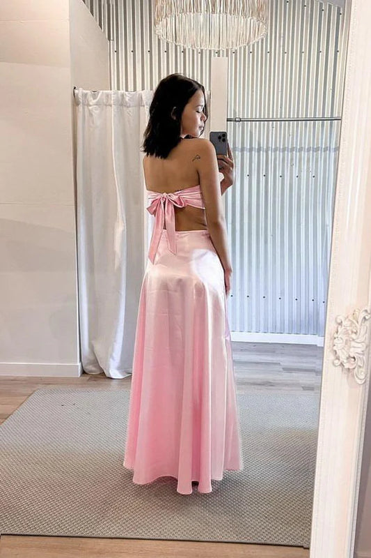 Einfaches trägerloses rosa A-Linien-Kleid mit Bindeband hinten und langem Abschlussballkleid DP526