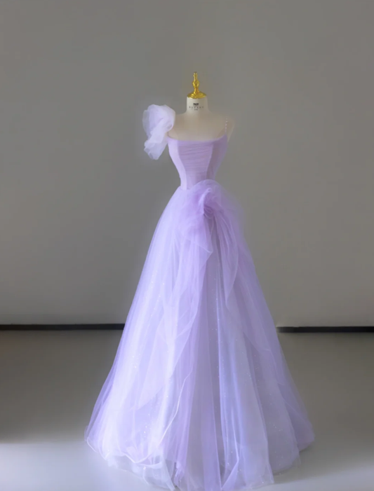 Hübsches A-Linien-Trägerkleid in Lila mit Tüll, ärmellos, lang, Ballkleid, Abendkleid DP527