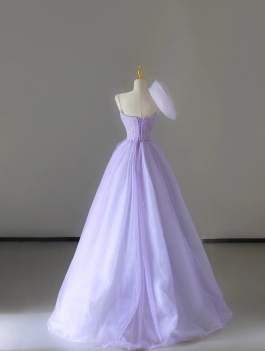 Hübsches A-Linien-Trägerkleid in Lila mit Tüll, ärmellos, lang, Ballkleid, Abendkleid DP527