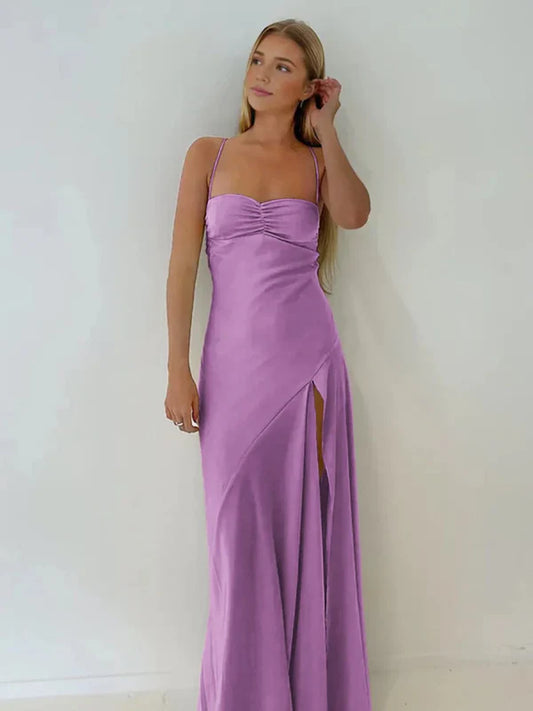 Schlichtes Etuikleid mit Spaghettiträgern, langes Partykleid mit Schlitz vorne, DP531