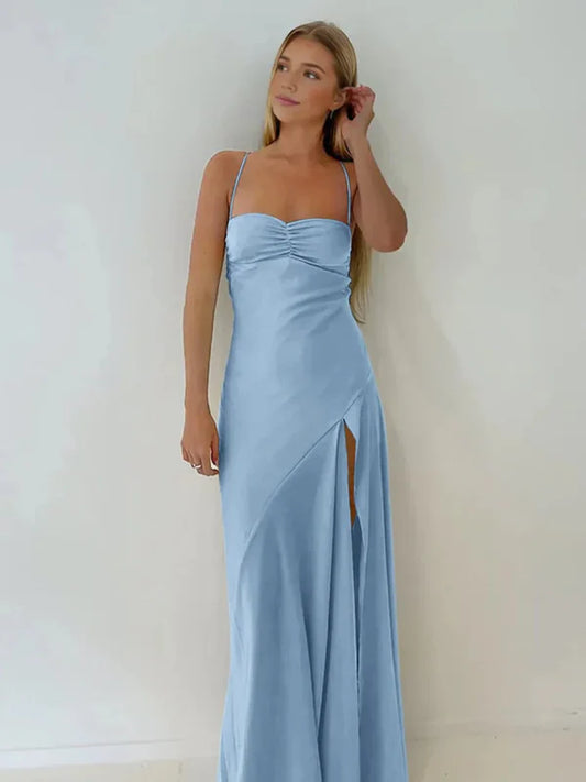 Schlichtes Etuikleid mit Spaghettiträgern, langes Partykleid mit Schlitz vorne, DP531