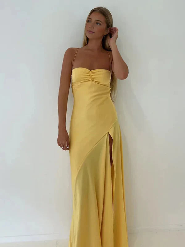 Simple Sheath Spaghetti Straps Prom Dresses Long Party Dress with Split Front DP531