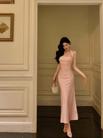 Elegant Sheath Halter Pink Satin Sleeveless 21st Birthday Dress Party Gown Birthday Outfits Birthday Dress Ideas For Women DP542
