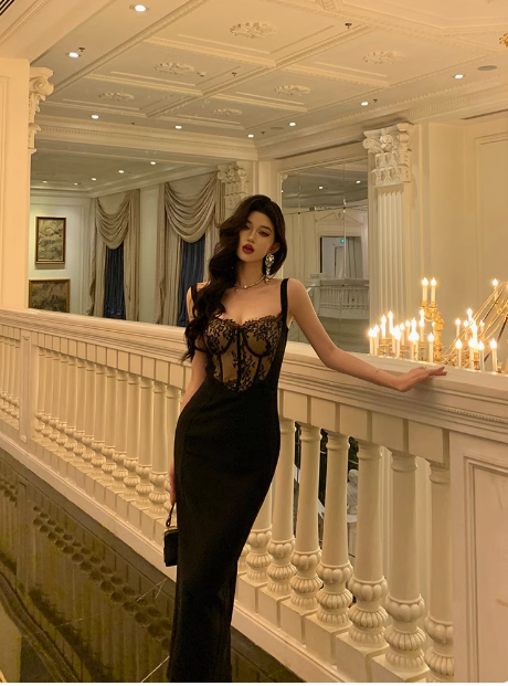 Elegantes Meerjungfrau-Spaghettiträger-Kleid aus schwarzer Spitze, ärmellos, zum 18. Geburtstag, Partykleid, Geburtstags-Outfits, Geburtstagskleid-Ideen für Frauen, DP568
