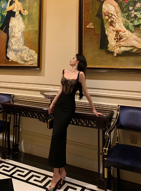 Elegantes Meerjungfrau-Spaghettiträger-Kleid aus schwarzer Spitze, ärmellos, zum 18. Geburtstag, Partykleid, Geburtstags-Outfits, Geburtstagskleid-Ideen für Frauen, DP568