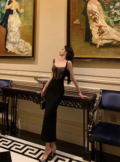 Elegantes Meerjungfrau-Spaghettiträger-Kleid aus schwarzer Spitze, ärmellos, zum 18. Geburtstag, Partykleid, Geburtstags-Outfits, Geburtstagskleid-Ideen für Frauen, DP568