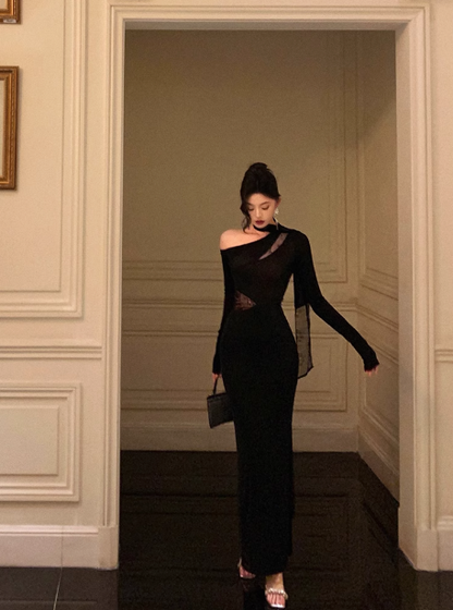 Edles Meerjungfrauen-Kleid mit einer Schulter und langen Ärmeln, schwarzes Partykleid zum 18. Geburtstag, Outfits zum 21. Geburtstag, Geburtstagskleid-Ideen für Frauen, DP571