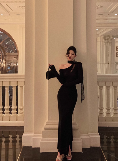 Edles Meerjungfrauen-Kleid mit einer Schulter und langen Ärmeln, schwarzes Partykleid zum 18. Geburtstag, Outfits zum 21. Geburtstag, Geburtstagskleid-Ideen für Frauen, DP571
