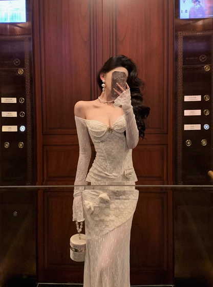 Edles Meerjungfrauen-Kleid in weißer Spitze, schulterfrei, Partykleid zum 18. Geburtstag, Outfits zum 18. Geburtstag, Geburtstagskleid-Ideen für Frauen, DP573