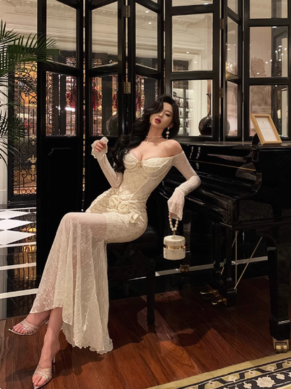 Edles Meerjungfrauen-Kleid in weißer Spitze, schulterfrei, Partykleid zum 18. Geburtstag, Outfits zum 18. Geburtstag, Geburtstagskleid-Ideen für Frauen, DP573