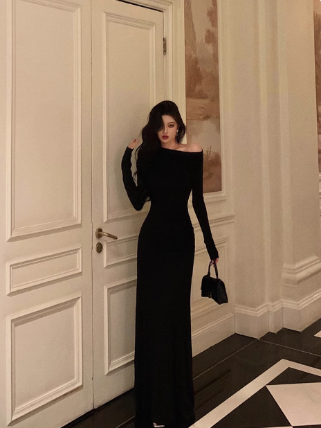 Elegantes schwarzes Meerjungfrauenkleid mit langen Ärmeln zum 18. Geburtstag, Partykleid, Geburtstags-Outfits, Geburtstagskleid-Ideen für Frauen, DP574