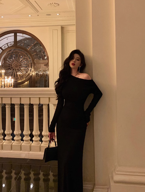 Elegantes schwarzes Meerjungfrauenkleid mit langen Ärmeln zum 18. Geburtstag, Partykleid, Geburtstags-Outfits, Geburtstagskleid-Ideen für Frauen, DP574