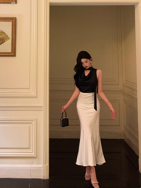 Edle Meerjungfrau 2-teilig Schwarz-Weiß-Kleid zum 18. Geburtstag Partykleid 21. Geburtstag Outfits Geburtstagskleid-Ideen für Frauen DP585