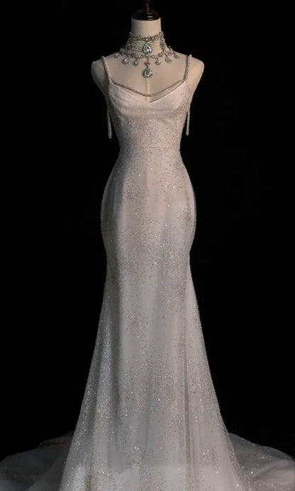 Chic White Mermaid Sequins Long Pleats Backless Wedding Dress Bridal Gowns DP621