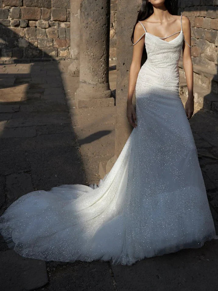 Chic White Mermaid Sequins Long Pleats Backless Wedding Dress Bridal Gowns DP621
