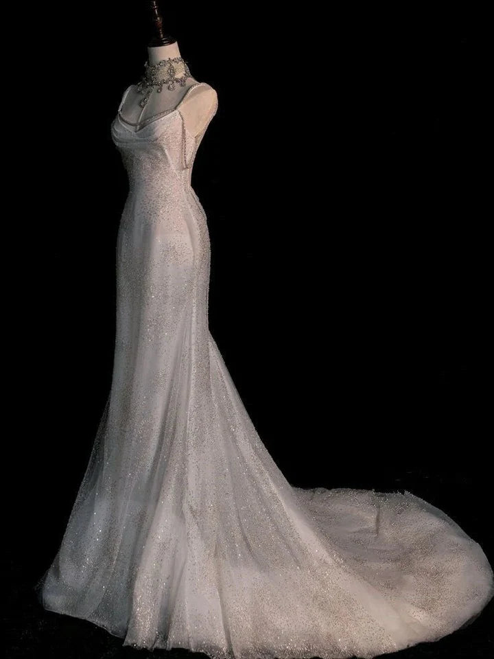 Chic White Mermaid Sequins Long Pleats Backless Wedding Dress Bridal Gowns DP621