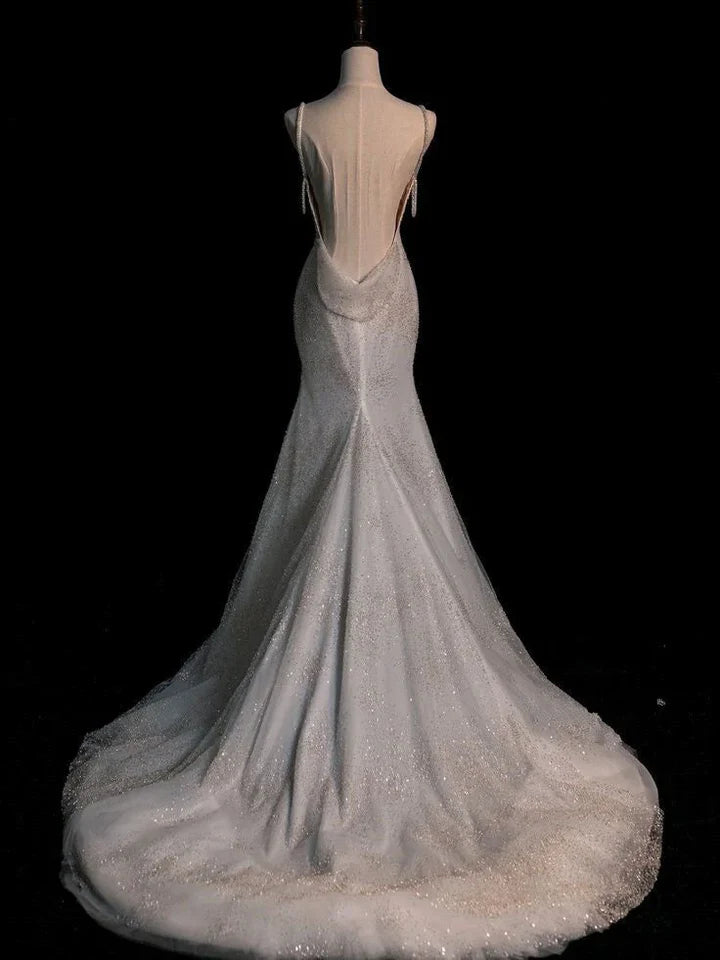 Chic White Mermaid Sequins Long Pleats Backless Wedding Dress Bridal Gowns DP621