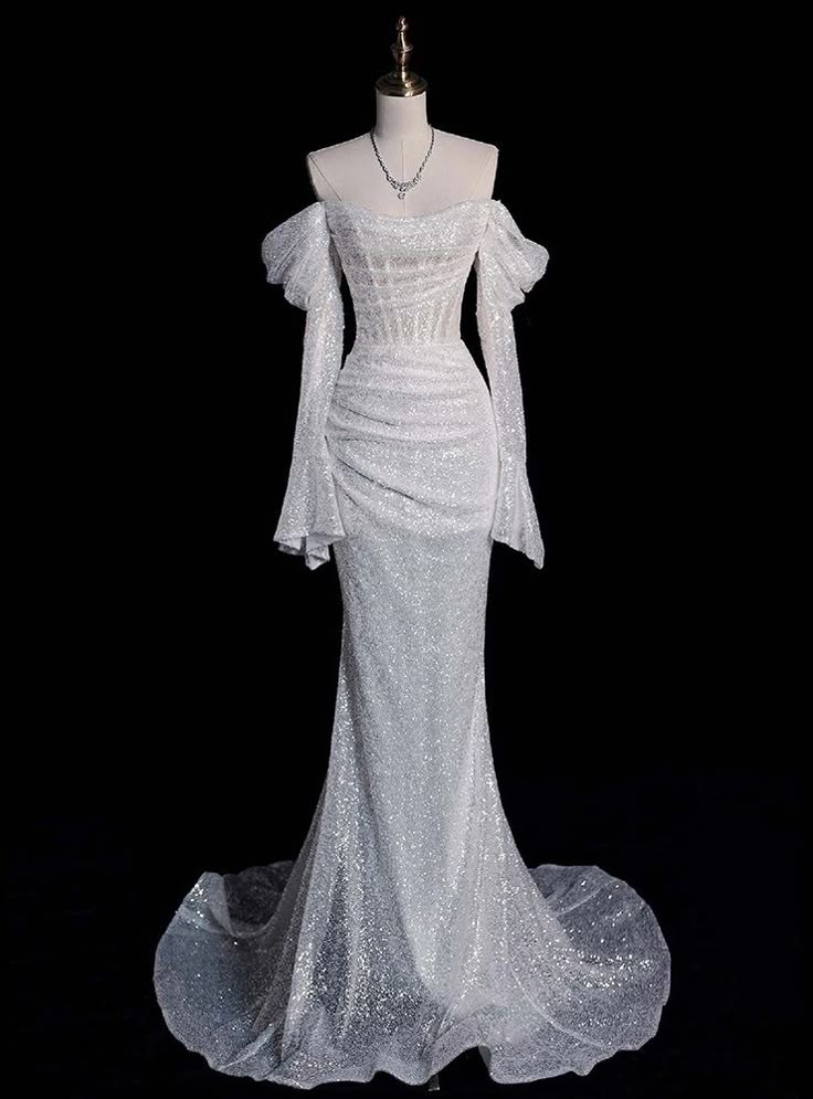 Chic White Mermaid Sequins Long Sleeve Pleats Wedding Dress Bridal Gowns DP620