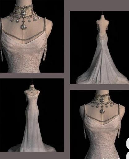 Chic White Mermaid Sequins Long Pleats Backless Wedding Dress Bridal Gowns DP621