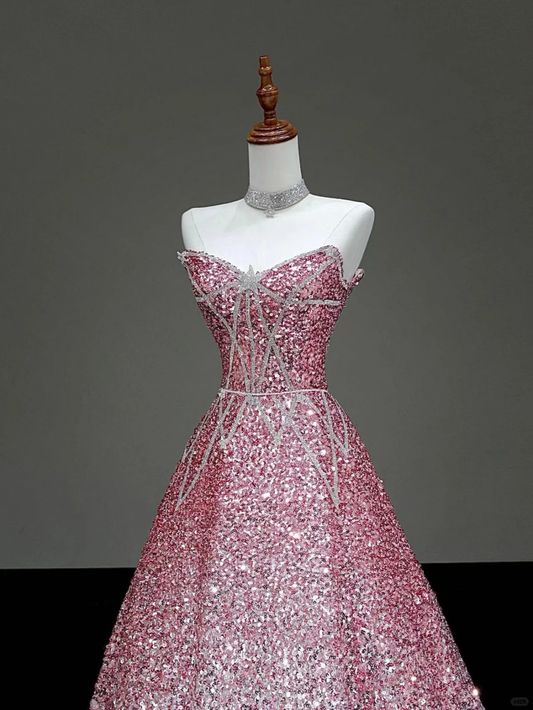 Märchenhaftes Ballkleid mit herzförmigem Ausschnitt und Pailletten in Rosa und Silber, lange Ballkleider, Abendkleider DP640