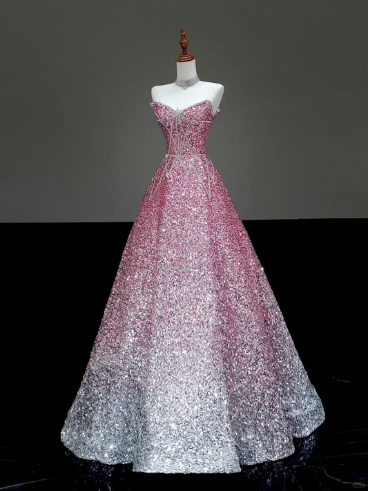 Märchenhaftes Ballkleid mit herzförmigem Ausschnitt und Pailletten in Rosa und Silber, lange Ballkleider, Abendkleider DP640