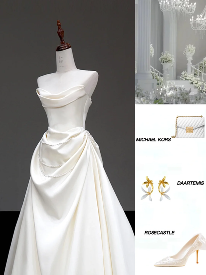 Unique Bridal Gown Ball Gown Strapless White Satin Wedding Dresses Bridal Gowns DP642