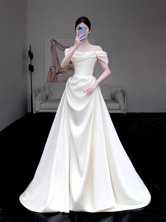 Classy Elegant A Line Off The Shoulder White Satin Long Wedding Dress Brides Dress DP644