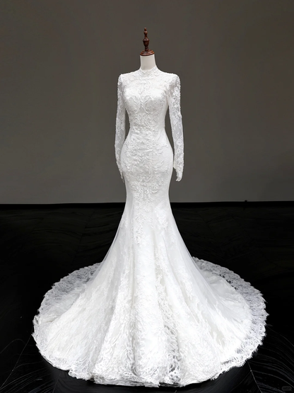 Robe de mariée sirène vintage, décolleté haut, manches longues, dentelle, élégante, blanche, DP652