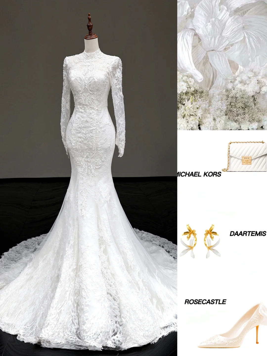 Robe de mariée sirène vintage, décolleté haut, manches longues, dentelle, élégante, blanche, DP652