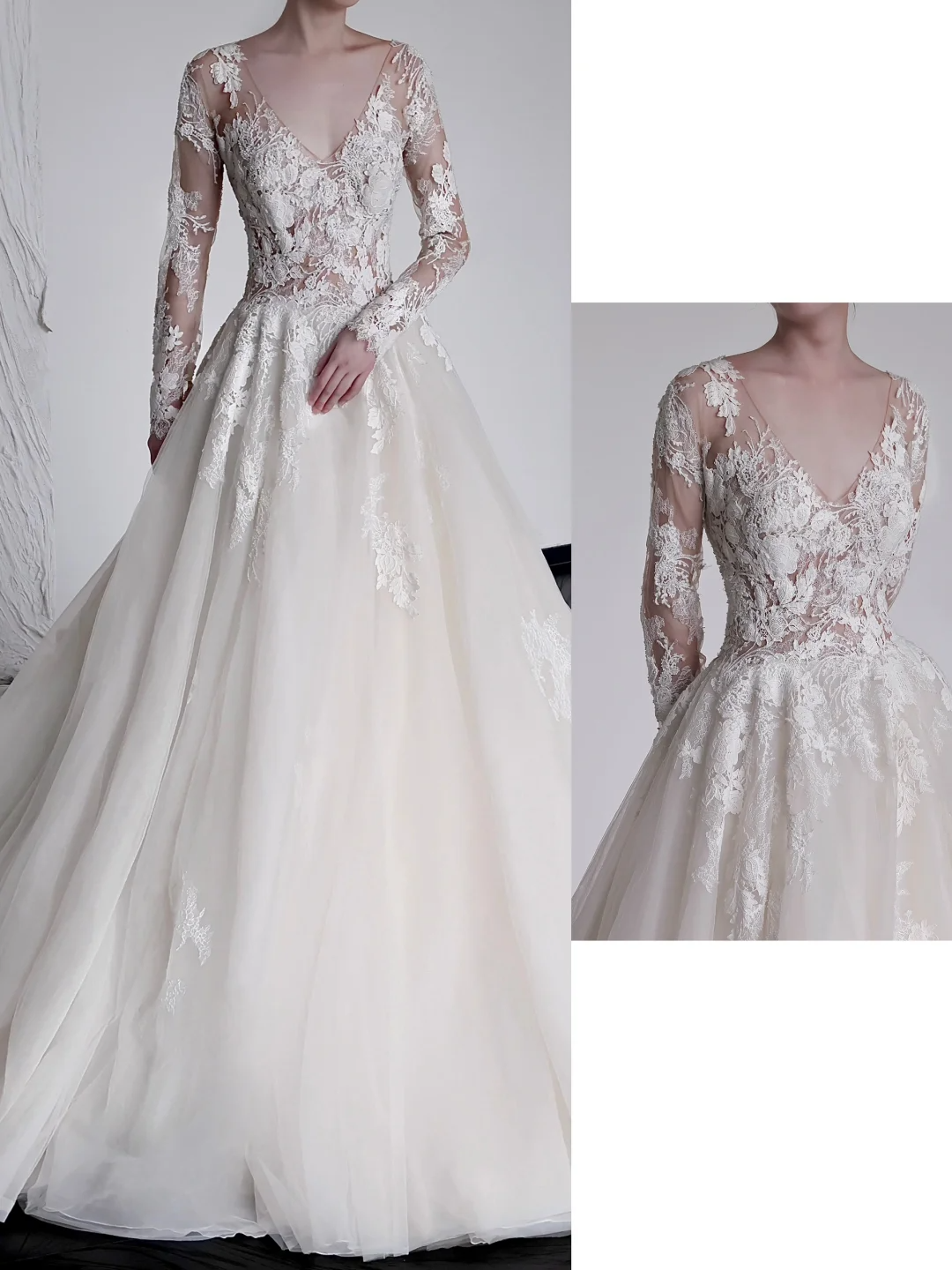 Unique Bridal Gown Ball Gown V Neckline Long Sleeves White Lace Wedding Dresses Bridal Gowns DP659