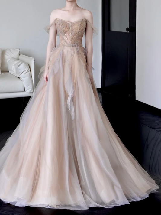 Wunderschönes Ballkleid aus schulterfreiem Champagner-Tüll, lange Ballkleider, Abschlusskleider DP664