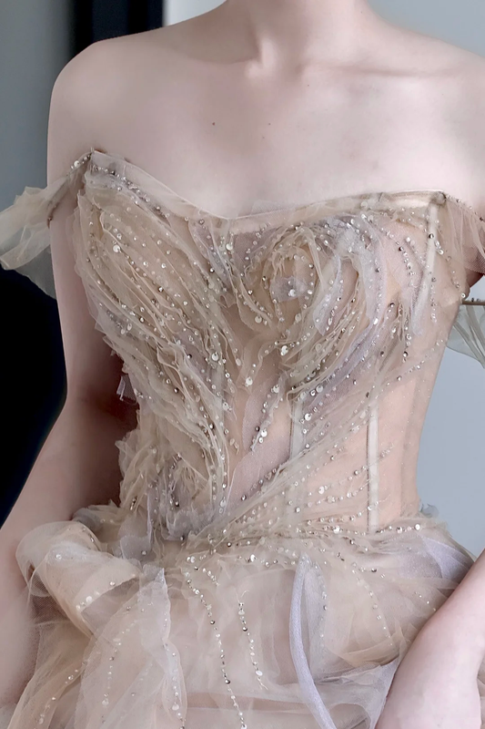 Wunderschönes Ballkleid aus schulterfreiem Champagner-Tüll, lange Ballkleider, Abschlusskleider DP664