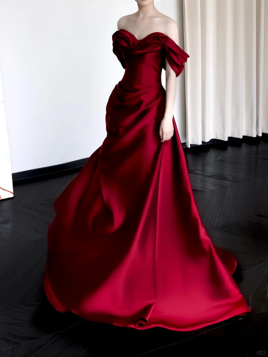 Wunderschöne Meerjungfrau Off The Shoulder Burgund Satin Lange Ballkleider Abschlusskleider DP665