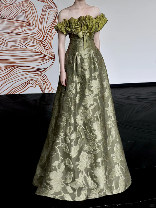 Wunderschönes A-Linie trägerloses grünes Satin-Ballkleid mit langen Ärmeln, Abschlusskleider, DP668