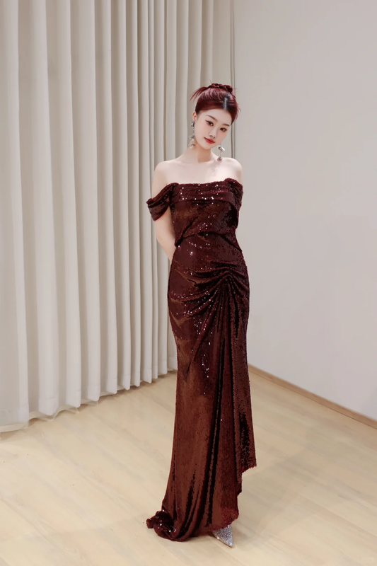 Wunderschöne Meerjungfrau Off The Shoulder Burgund Pailletten Lange Ballkleider Abschlusskleider DP673