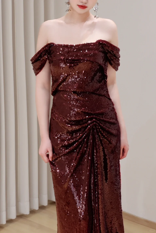 Wunderschöne Meerjungfrau Off The Shoulder Burgund Pailletten Lange Ballkleider Abschlusskleider DP673