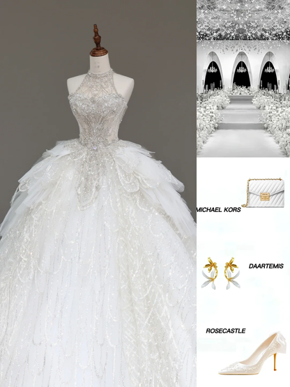 Unique Bridal Gown Ball Gown High Neckline Sleeveless White Sequin Wedding Dresses Bridal Gowns DP678