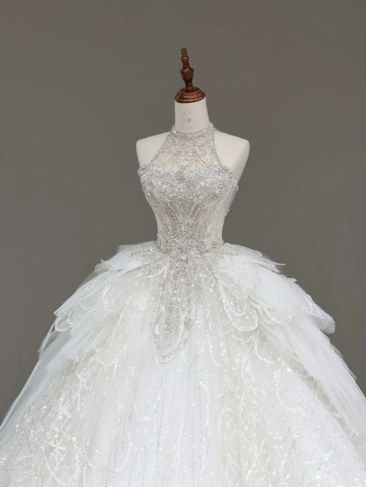Unique Bridal Gown Ball Gown High Neckline Sleeveless White Sequin Wedding Dresses Bridal Gowns DP678