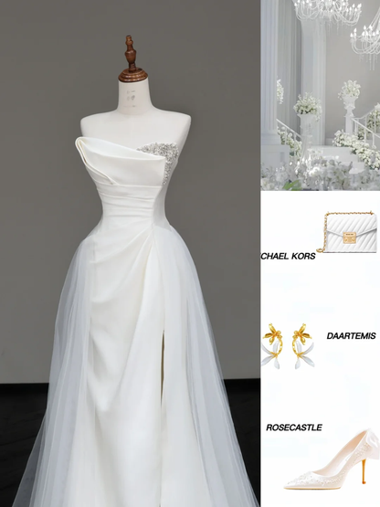 Unique Bridal Gown Mermaid Strapless White Satin Wedding Dresses Slit Bridal Gowns DP679