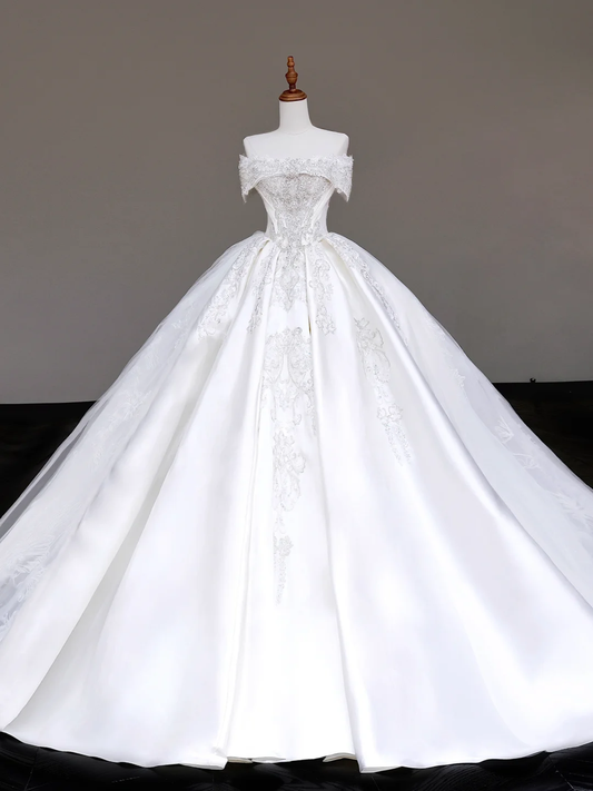 Classy Elegant Ball Gown Off The Shoulder Sequin White Short Sleeves Wedding Dress Brides Dress DP685