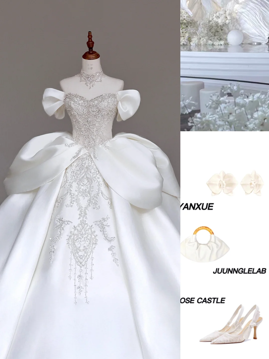 Classy Elegant Ball Gown Off The Shoulder Satin White Short Sleeves Wedding Dress Brides Dress DP688