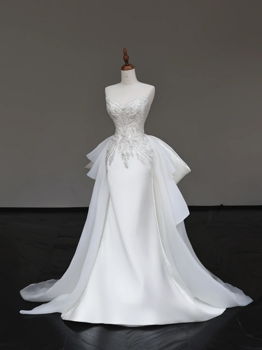 Unique Bridal Gown Mermaid Sweetheart White Satin Wedding Dresses Beads Bridal Gowns DP690