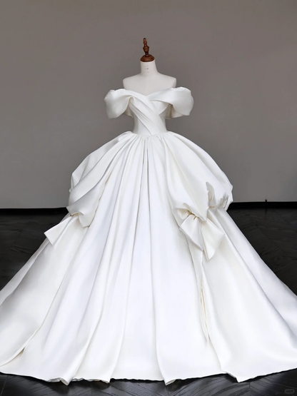 Classy Elegant Ball Gown Off The Shoulder White Short Sleeves Satin Wedding Dress Brides Dress DP695