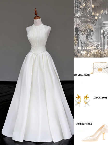 Unique Bridal Gown A line Scoop Sleeveless Satin White Wedding Dresses Bridal Gowns DP696