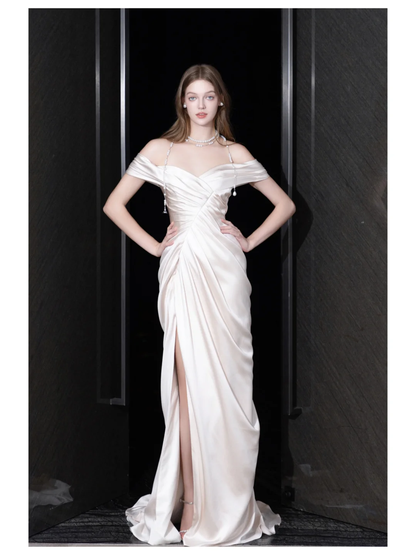 Unique Bridal Gown Mermaid Off The Shoulder Satin Ivory Slit Wedding Dresses Bridal Gowns DP694