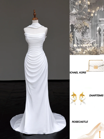 Unique Bridal Gown Mermaid Strapless White Chiffon Wedding Dresses Bridal Gowns DP703